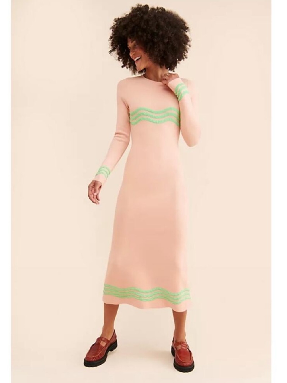 The Wolf Gang‎ Venaya Striped Long Sleeve Knit Dress Peach Pink Size Small Retro